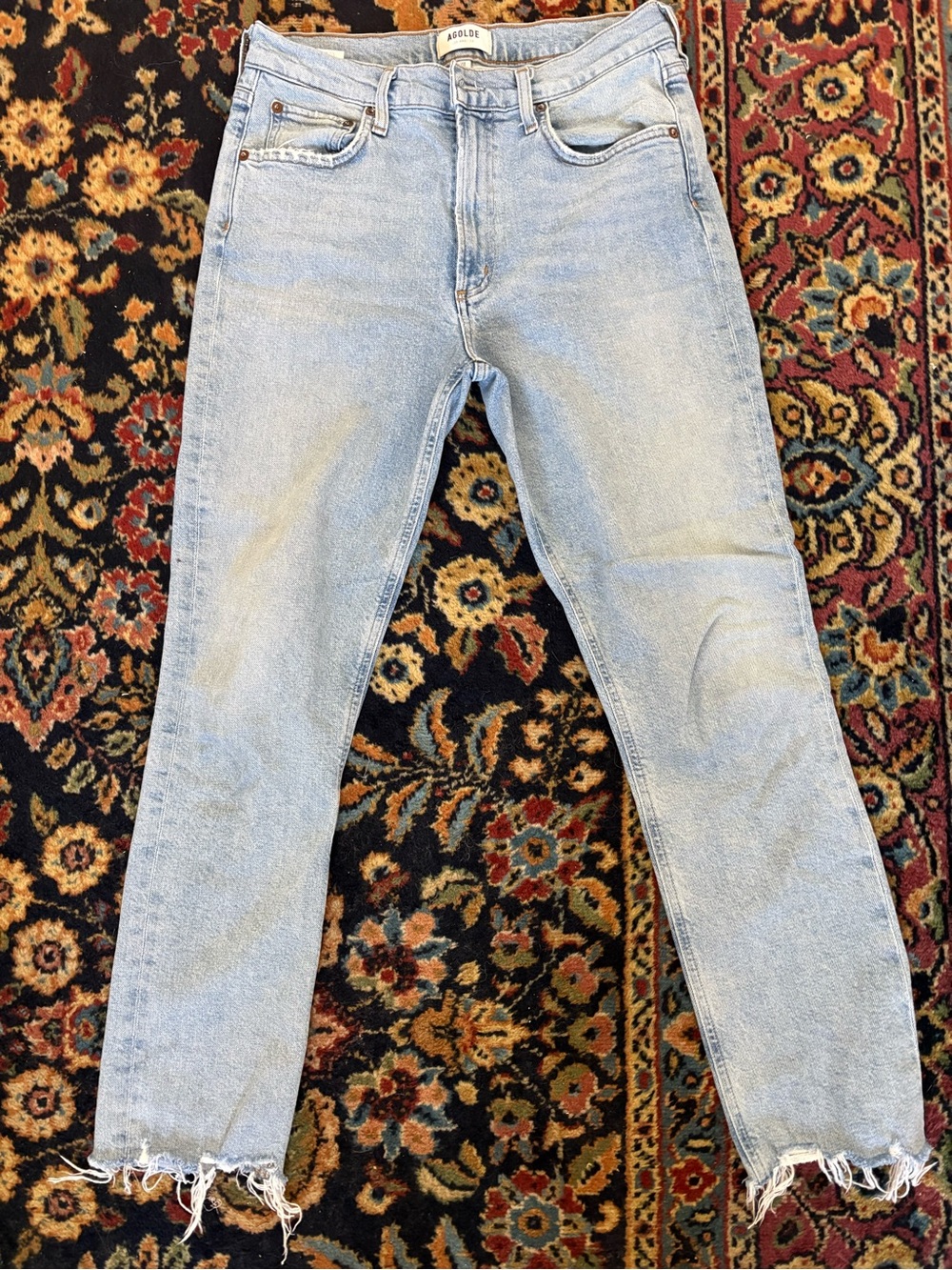Agolde Pale Blue High-Rise Straight Jeans with Distressed Hem